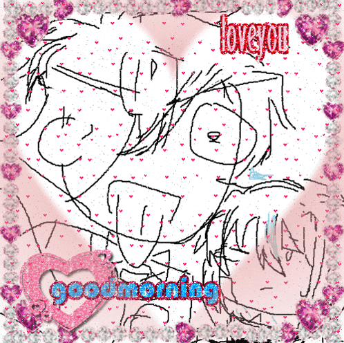 a drawing of a man and woman with the words " love you " in red