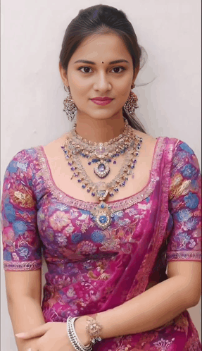 a woman is wearing a purple blouse and a necklace and earrings
