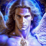 a man with long hair and wings is a painting of an angel