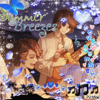 a picture of a man holding a guitar with the words summer breezes written above him