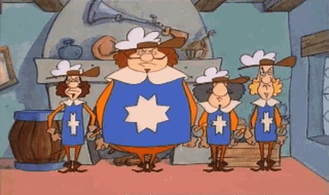a group of cartoon characters are standing in a room