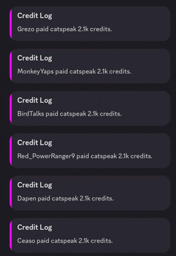 a list of credit logs including grego paid cat speak 2.1k credits and monkeyyaps paid cat speak 2.1k credits