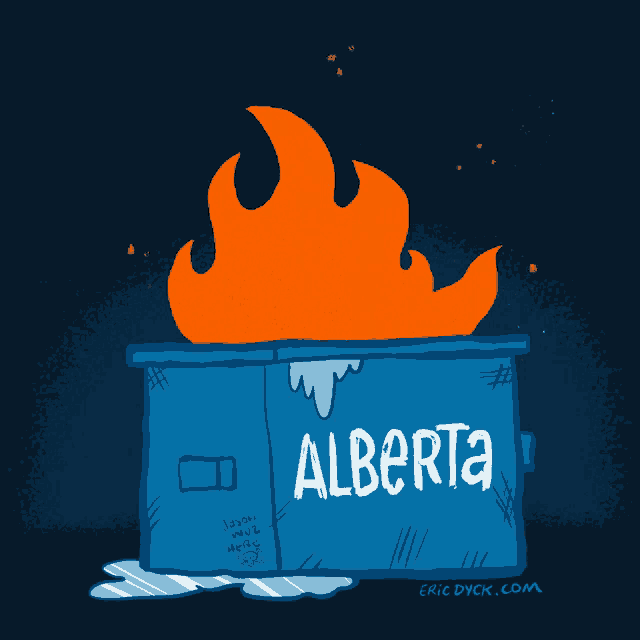a dumpster with the word alberta on it is on fire