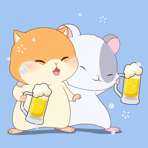 a cat and a hamster are hugging each other while holding beer mugs