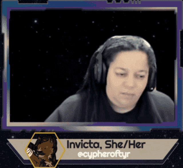 a woman wearing headphones with the name invicta she her