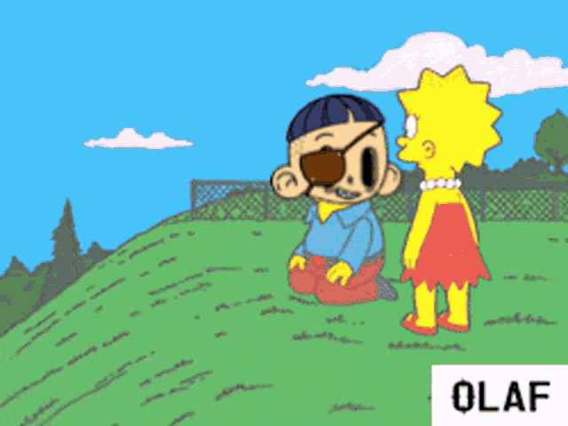 a cartoon of a boy with an eye patch kneeling next to a girl with a pearl necklace