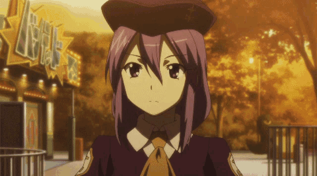 a girl with purple hair and a hat stands in front of a carnival
