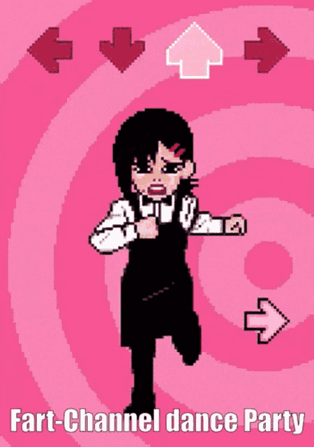a pixel art of a girl with the words fart-channel dance party