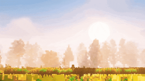 a pixel art of a field with trees in the background