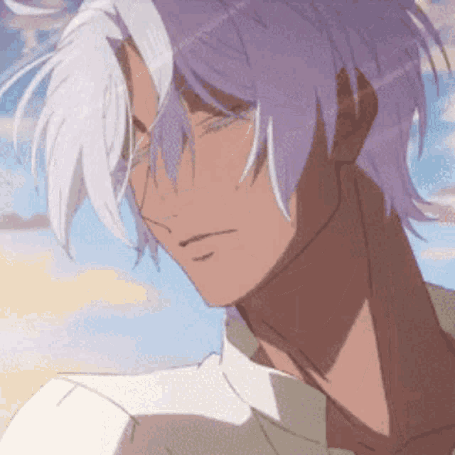 a close up of a man with purple hair and a white shirt