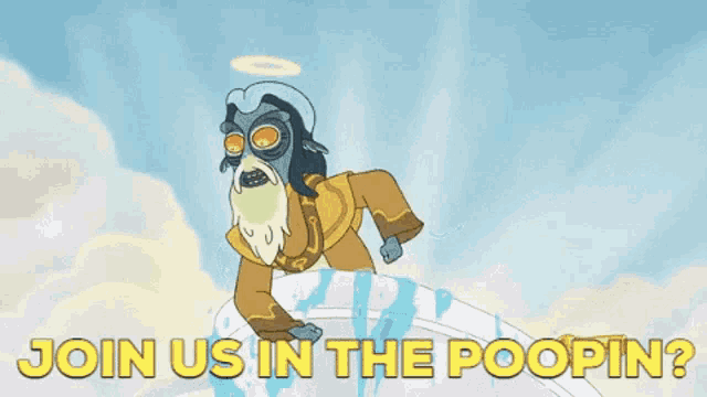 a cartoon of a man with a beard and a halo says " join us in the poopin "