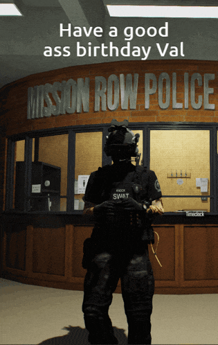 a mission row police officer stands in front of a building that says mission row police
