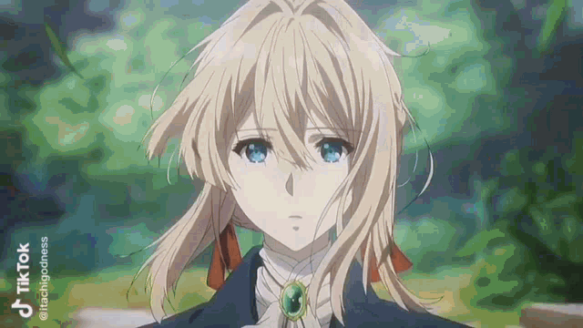 a close up of a girl with blonde hair and blue eyes from a anime .