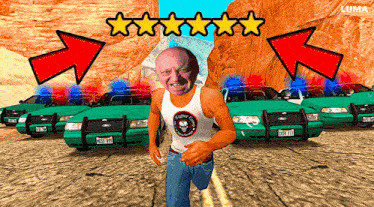 a man in a tank top is running in front of a row of green police cars