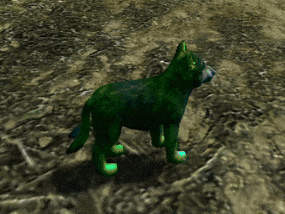 a green wolf is standing in the dirt