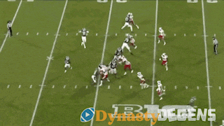 a football game is being played on a field with the words dynasty degens in the corner