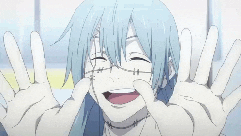a person with blue hair is laughing with their hands outstretched .