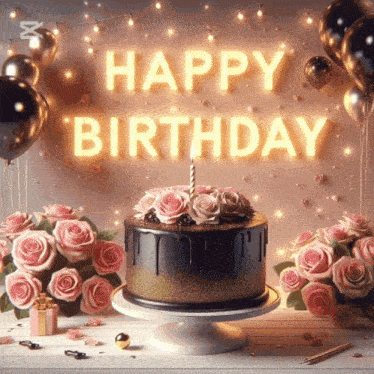 a happy birthday sign with a cake and flowers