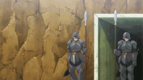 two soldiers in armor are holding spears in front of a stone wall