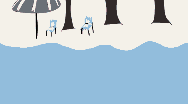 a cartoon drawing of a beach with a red umbrella and chairs