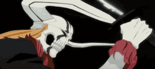 a skeleton is holding a sword in his hand in a black background .