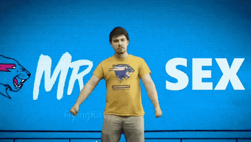 a man in a yellow shirt stands in front of a blue background with the words mr sex