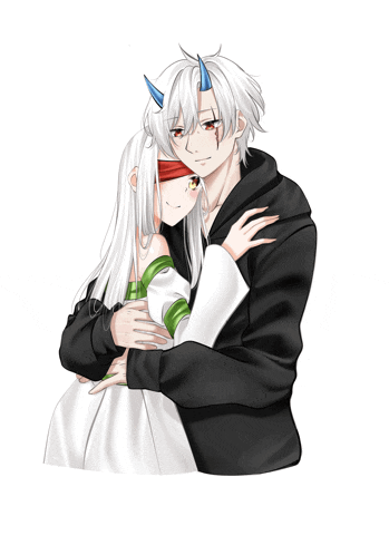 a boy with horns is hugging a girl with blindfolds