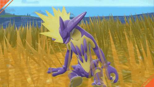 a purple and yellow monster is sitting in the grass