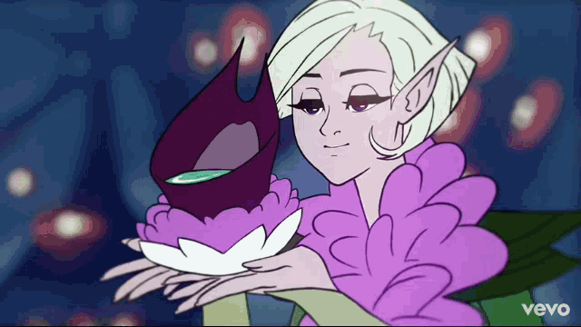 a cartoon drawing of a fairy holding a flower with the word vevo at the bottom