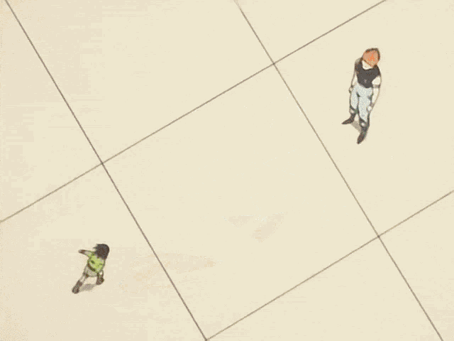 two anime characters are looking at each other and one has a green shirt on