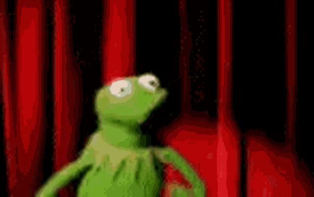 kermit the frog is standing on a stage in front of a red curtain .