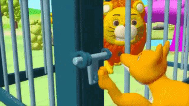 a cat and a lion are behind bars in a zoo cage