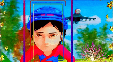 a cartoon character wearing a blue helmet stands in front of a fighter jet