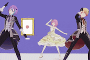 a group of anime characters are dancing in front of a picture