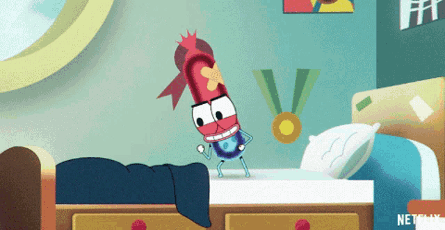 a cartoon character is standing on a bed with netflix written on the bottom right corner