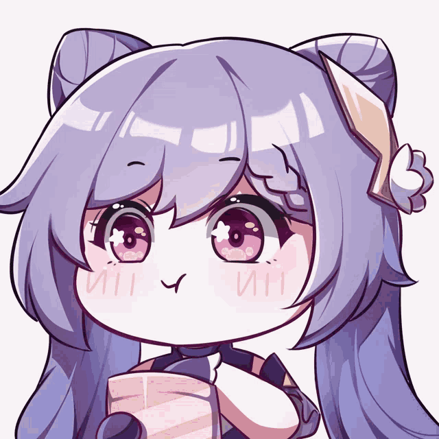 a cartoon drawing of a girl with purple hair and a purple eye