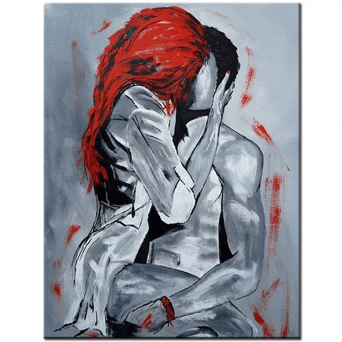 a painting of a man and a woman kissing with red hair