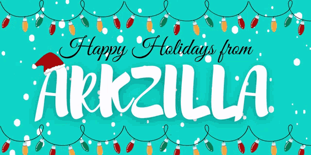 a blue background with christmas lights and the words happy holidays from arkizilla