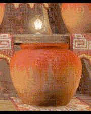 a large orange vase sits on a rug in front of a wall with chinese symbols on it