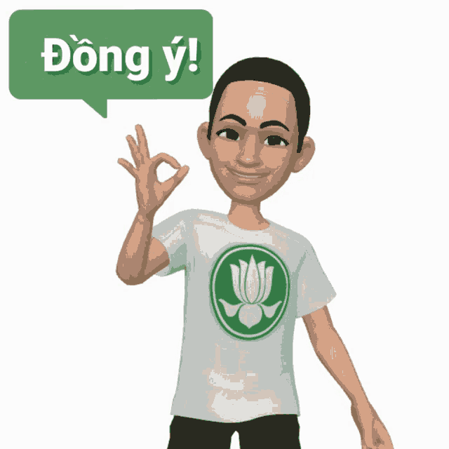 a cartoon character with a green speech bubble that says dong y!