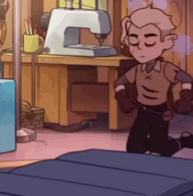 a cartoon character is kneeling down in a room with a sewing machine in the background .