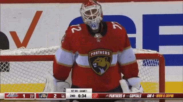 a panthers hockey player stands behind the net during a game