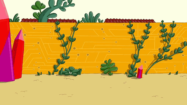 a cartoon drawing of a yellow fence with plants growing along it