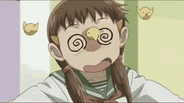 a girl with a bird on her nose has a spiral on her face