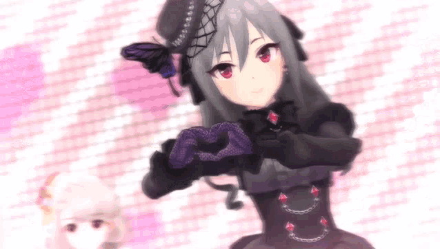a girl with a butterfly on her head is making a heart shape with her hands