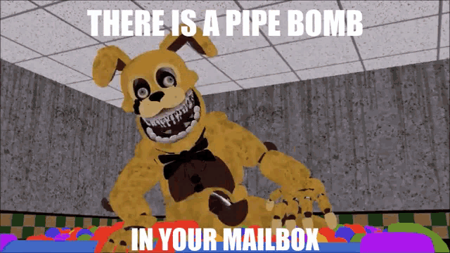 a cartoon of a yellow bunny with the words " there is a pipe bomb in your mailbox "