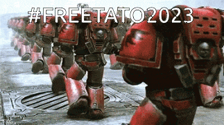 a bunch of red robots are walking in a line with the words #fretato2023
