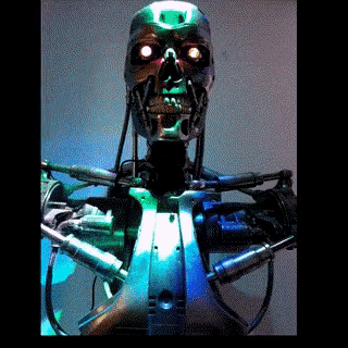 a robot with glowing eyes and a skull on it