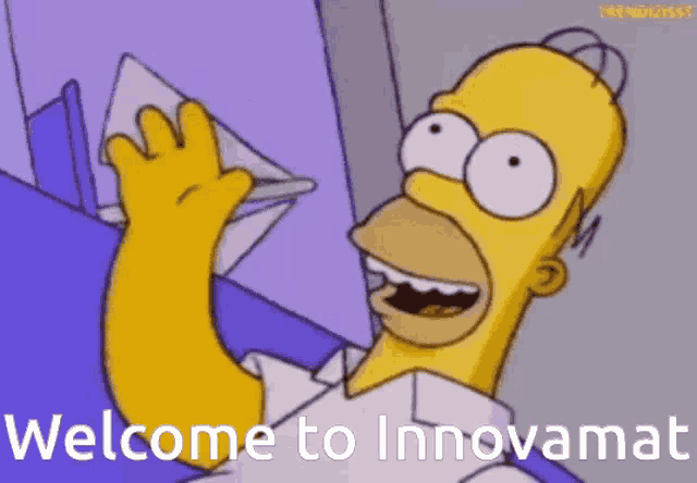 a cartoon of homer simpson holding an envelope that says " welcome to innovamat "