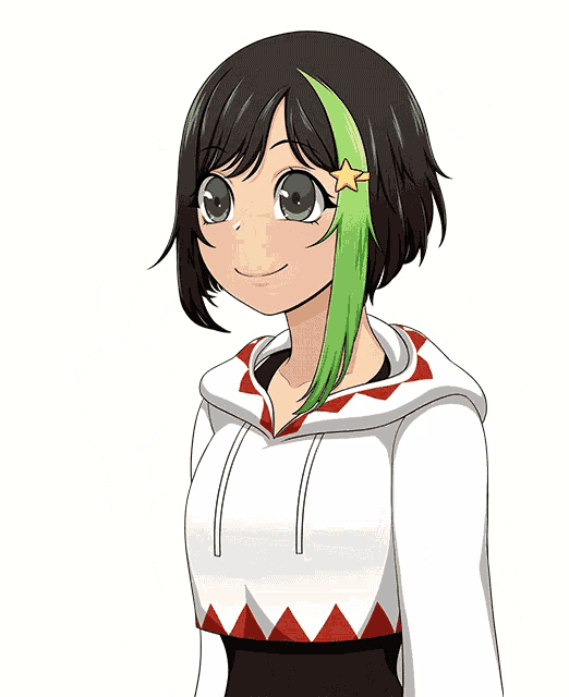 a drawing of a girl with green hair and a yellow star in her hair